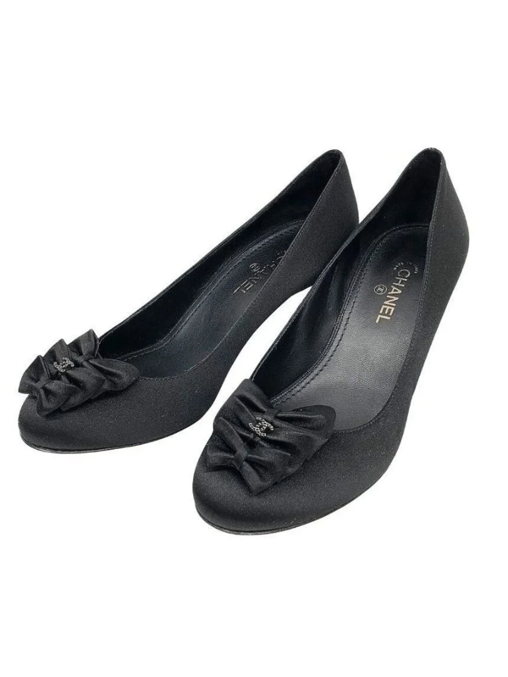 Chanel Satin Ribbon Pumps Black 35.5 C Shoes New Vintage